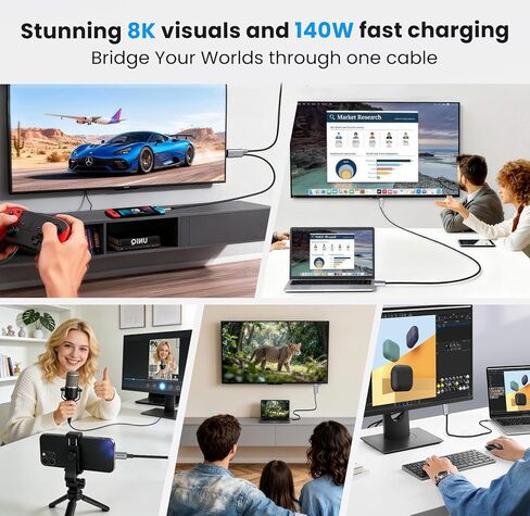 كابل USB C 8K إلى HDMI 4K@240 هرتز مع شحن 140 وات، سلك من النوع C إلى HDMI 2.1 لجهاز MacBook Pro وiPad Pro وiPhone وSwitch 2-لا حاجة إلى قاعدة توصيل، محمول لألعاب التلفزيون، 6.6 قدم in Saudi Arabia