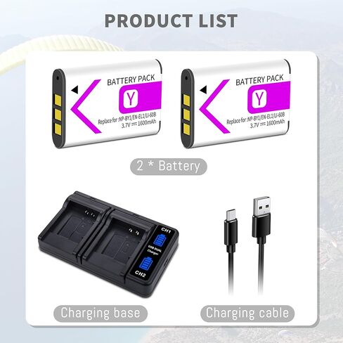 بطارية NP-BY1 مع شاحن ثنائي القناة متوافق مع Sony NP BY1 EN-EL11 Li-60B DLi-78 DB-L70 DB-80، لسوني أكشن ميني HDR-AZ1، لنيكون Coolpix S550 S560، لأوليمبوس L50 M50 M60 S1 W60 W80 in Kuwait