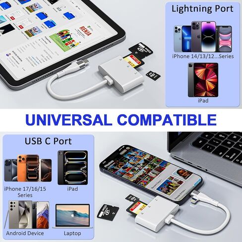 XD Picture Card Reader, 3 in 1 SD Card Reader for iPhone 17-6/iPad/MacBook/Android – Lightning & USB-C XD Card Adapter for XD/SD/MicroSD, Plug & Play, Fast Transfer in Saudi Arabia