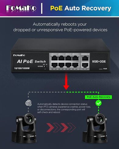 محولات شبكات الكمبيوتر FoMaKo P1000| 8 بو إي + منفذ @ 120 وات | 8 منافذ PoE جيجابت إيثرنت سويتش | التوصيل والتشغيل | تمديد الوضع | بو الاسترداد التلقائي | عملية صامتة in Saudi Arabia