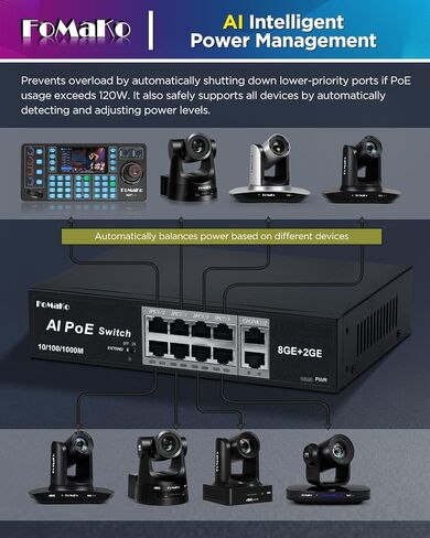 محولات شبكات الكمبيوتر FoMaKo P1000| 8 بو إي + منفذ @ 120 وات | 8 منافذ PoE جيجابت إيثرنت سويتش | التوصيل والتشغيل | تمديد الوضع | بو الاسترداد التلقائي | عملية صامتة in Saudi Arabia