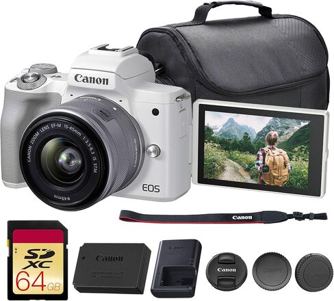 Canon EOS M50 Mark II Mirrorless Camera with 15-45mm Lens (White) | 24.1MP APS-C Sensor, Dual Pixel CMOS AF, 4K Video & Vari-Angle Touchscreen | for Vlogging & Content (4729C004) + 64GB Card + Bag in Saudi Arabia