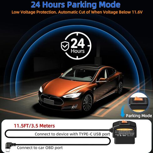 طقم أسلاك صلبة لكاميرا Dash Cam USB C، طقم أسلاك محول OBD2 إلى نوع C مع وضع انتظار 24/7، حماية من الجهد المنخفض (11.6 فولت/23.4 فولت) مع مفتاحين لوضعين، اكتشاف ACC، التوصيل والتشغيل المستمر للتسجيل in Kuwait