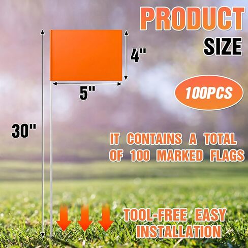 Ation 100 Pack Orange Marking Flags 4" x 5" x 30" Yard Marker Flags for Lawn Landscape Survey Flag Sprinkler Outside Irrigation Dog Training Garden Construction Property Line Markers in Saudi Arabia