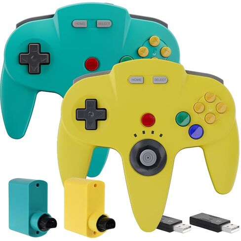 SAFFUN 2 Pack Wireless N64 Controller Made for Switch 1 & 2، N64 Console، أجهزة استقبال لاسلكية 2.4 جيجا هرتز متوافقة مع Switch Online، Windows PC، macOS (اهتزاز مدمج) (قابلة لإعادة الشحن) ليموني/سماوي in Saudi Arabia