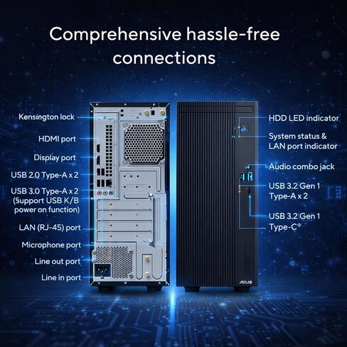 كمبيوتر سطح المكتب ASUS V500 Business Tower • معالج Intel Core i7-13620H ذو 10 مراكز • ذاكرة DDR5 سعة 32 جيجابايت • محرك أقراص SSD سعة 1 تيرابايت • Office 365 للويب • HDMI + DisplayPort، Wi-Fi 6 • لوحة مفاتيح وماوس سلكية • Windows 11 in Saudi Arabia