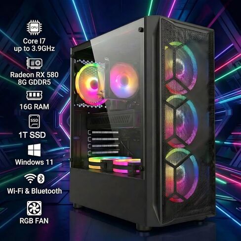 حزمة الكمبيوتر الشخصي للألعاب STGAubron مع شاشة LED FHD مقاس 24 بوصة - Intel Core i7 حتى 3.9 جيجا هرتز، وبطاقة فيديو Radeon RX 580 8G، وذاكرة الوصول العشوائي 16 جيجا بايت، و1 تيرابايت SSD، ومروحة RGB x 6، ونظام التشغيل Windows 11 Home in Saudi Arabia