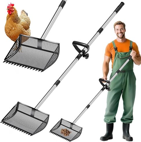Chicken Poop Scooper & Rake 2-in-1, 304 Stainless Steel Shovel Head, Chicken Litter Scoop with Handle for Chicken Coop & Pet Waste Cleaning, Multifunctional Litter Sifting Shovel (35 to 65") in Kuwait