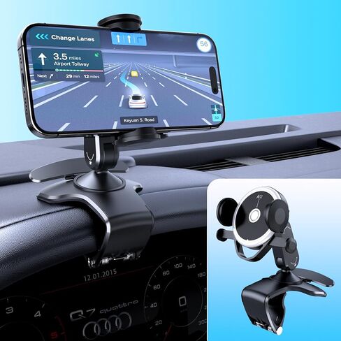 Universal 360° Rotating Dashboard Phone Holder for Car - Spring Clip Car Phone Mount, No Adhesive No Tools, Multi-Angle Adjustable Clip-On Holder for 4-7 inches Smartphones (Black) in Saudi Arabia