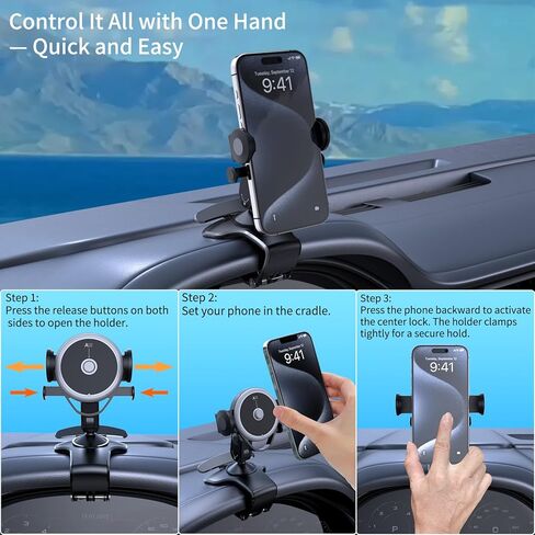 Universal 360° Rotating Dashboard Phone Holder for Car - Spring Clip Car Phone Mount, No Adhesive No Tools, Multi-Angle Adjustable Clip-On Holder for 4-7 inches Smartphones (Black) in Saudi Arabia