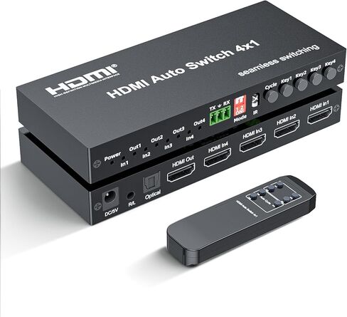 HDMI Switch 4 In 1 Out, 1080P@60Hz 4 Ports HDMI Switch with Seamless Timing Cycle Switching, RS232, IR Remote, Supports Optical + 3.5mm L/R Audio Extractor, Auto Switch for DVD, HD Player, PS4, TV Box in Saudi Arabia