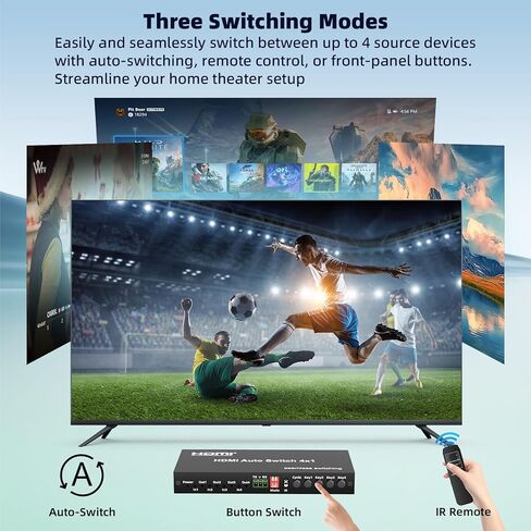 HDMI Switch 4 In 1 Out, 1080P@60Hz 4 Ports HDMI Switch with Seamless Timing Cycle Switching, RS232, IR Remote, Supports Optical + 3.5mm L/R Audio Extractor, Auto Switch for DVD, HD Player, PS4, TV Box in Saudi Arabia