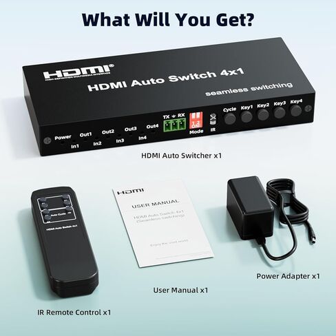 HDMI Switch 4 In 1 Out, 1080P@60Hz 4 Ports HDMI Switch with Seamless Timing Cycle Switching, RS232, IR Remote, Supports Optical + 3.5mm L/R Audio Extractor, Auto Switch for DVD, HD Player, PS4, TV Box in Saudi Arabia