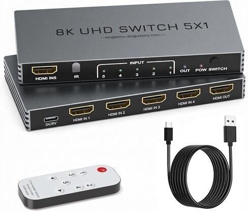 محول HDMI 2.1 5 في 1 مع جهاز تحكم عن بعد - 5 منافذ 8K@60 هرتز 4K@240 هرتز/144 هرتز/120 هرتز، محول HDMI يدعم HDCP2.3 HDR10، لجهاز PS5/PS4 Xbox Nintendo Roku Apple TV Fire Stick in Saudi Arabia
