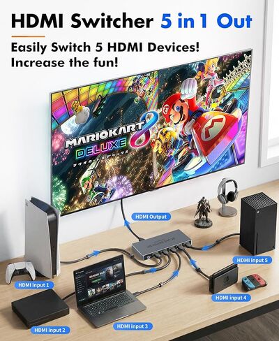 محول HDMI 2.1 5 في 1 مع جهاز تحكم عن بعد - 5 منافذ 8K@60 هرتز 4K@240 هرتز/144 هرتز/120 هرتز، محول HDMI يدعم HDCP2.3 HDR10، لجهاز PS5/PS4 Xbox Nintendo Roku Apple TV Fire Stick in Saudi Arabia