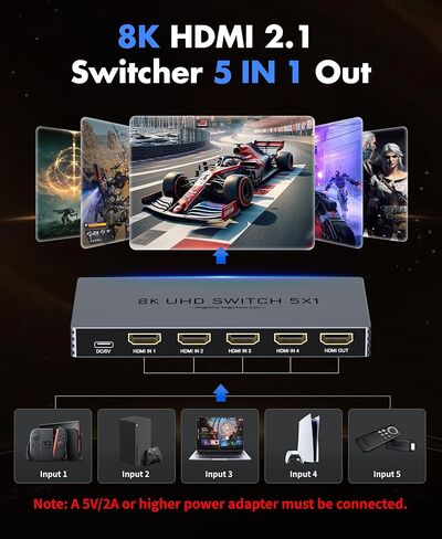 محول HDMI 2.1 5 في 1 مع جهاز تحكم عن بعد - 5 منافذ 8K@60 هرتز 4K@240 هرتز/144 هرتز/120 هرتز، محول HDMI يدعم HDCP2.3 HDR10، لجهاز PS5/PS4 Xbox Nintendo Roku Apple TV Fire Stick in Saudi Arabia