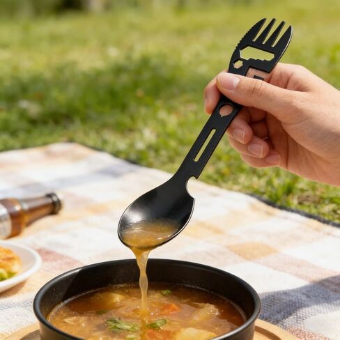 Multifunctional Outdoor Fork Spoon, 9-in-1 Utility Spork, Stainless Steel Spoon & Bottle Opener, Fork, Combo Camping Utensil for Hiking(Black) in Saudi Arabia