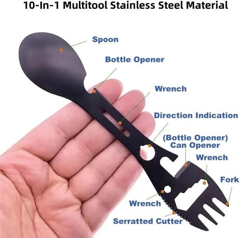 Multifunctional Outdoor Fork Spoon, 9-in-1 Utility Spork, Stainless Steel Spoon & Bottle Opener, Fork, Combo Camping Utensil for Hiking(Black) in Saudi Arabia