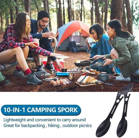 Multifunctional Outdoor Fork Spoon, 9-in-1 Utility Spork, Stainless Steel Spoon & Bottle Opener, Fork, Combo Camping Utensil for Hiking(Black) in Saudi Arabia