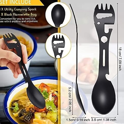 Multifunctional Outdoor Fork Spoon, 9-in-1 Utility Spork, Stainless Steel Spoon & Bottle Opener, Fork, Combo Camping Utensil for Hiking(Black) in Saudi Arabia