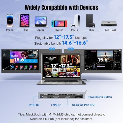 موسع شاشة الكمبيوتر المحمول KEFEYA مقاس 15.6 بوصة، شاشة 1080P FHD IPS فائقة النحافة ثلاثية محمولة لأجهزة الكمبيوتر المحمول 12-17.3 بوصة، شاشة السفر HDR للعناية بالعيون، موسع شاشة تشغيل USB-C/HDMI لأجهزة macOS/Win والهاتف in Kuwait