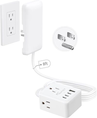 سلك تمديد قصير NUTICT بطول 3 أقدام مع غطاء مخرج، شريط طاقة مسطح مع 3 منافذ و3 USB-C ومنفذ USB-A، قابل للتركيب على الحائط، موسع منفذ وجه مسطح مخفي خلف الأريكة، السرير، المكتب، أبيض in Kuwait