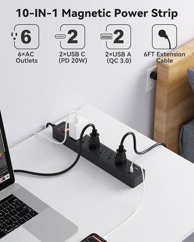 شريط طاقة مغناطيسي مع 6 منافذ و4 منافذ USB (2 USB-C PD 20 وات)، واقي من زيادة التيار بقوة 1800 جول، سلك تمديد عالي التحمل 15 أمبير، حامل مسطح على الحائط للجراج، ورشة العمل، المكتب، 6 أقدام، أسود in Kuwait