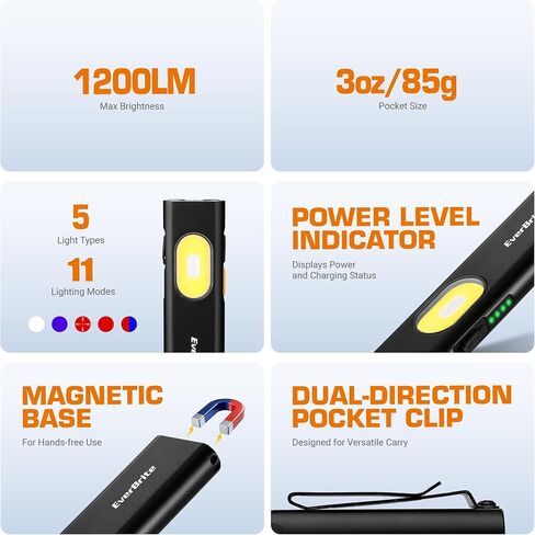 EverBrite Rechargeable EDC Flat Flashlight, 1200LM Pocket Flashlight with White/UV/Red Light, Red Laser and Red & Blue Strobe, Magnetic Flashlight with Clip, for Work, Emergency, Camping in Saudi Arabia