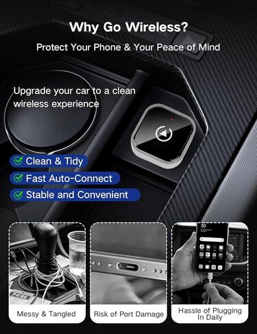 محول CarPlay اللاسلكي لأجهزة iPhone وAndroid Auto، 2 في 1 تحويل سلكي إلى محول تشغيل سيارة لاسلكي، التوصيل والتشغيل، بدون تأخير، اتصال تلقائي سريع ومستقر، مع USB/USB-C in Kuwait