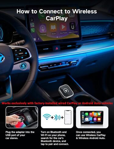 محول CarPlay اللاسلكي لأجهزة iPhone وAndroid Auto، 2 في 1 تحويل سلكي إلى محول تشغيل سيارة لاسلكي، التوصيل والتشغيل، بدون تأخير، اتصال تلقائي سريع ومستقر، مع USB/USB-C in Kuwait