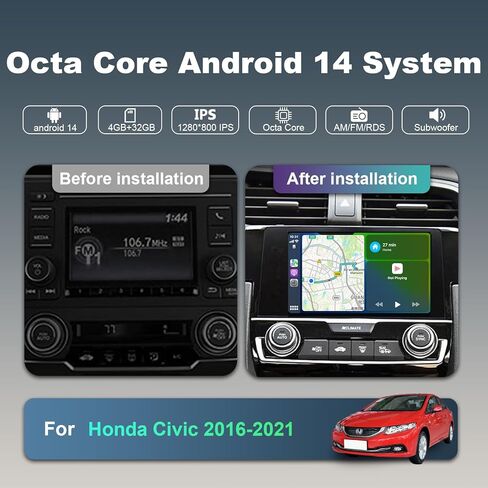 Upgraded Android 14 8 Core Car Radio Stereo for Honda Civic 2016-2021 4+32G | Wireless CarPlay & Android Auto | 9 inch Ultra HD Touchscreen | 1080P Backup Camera AM/FM/RDS SWC Wi-Fi GPS SWC in Saudi Arabia
