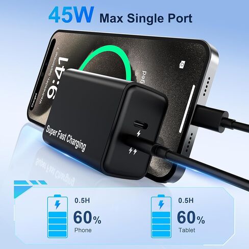 شاحن USB C مزدوج 55 وات، شاحن 45 وات + 10 وات من النوع C شحن سريع مع 4 كابلات، شاحن هاتف PPS PD 3.0 لهاتف Samsung Galaxy S25 Ultra/S24/S23، Pixel، iPad in Kuwait