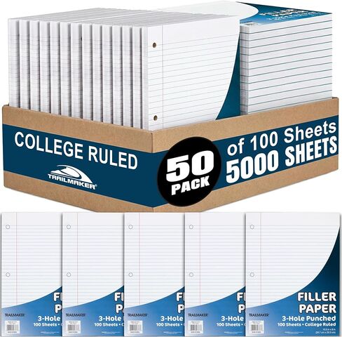 50 Pack College Ruled Reinforced Loose Leaf Binder Paper College Ruled Bulk 3 Hole Punched Filler Paper, 100 Sheets / 200 Double-Sided Pages Per Pack in Saudi Arabia