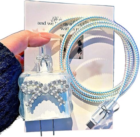 Diamond Charger Cover for iPhone Cord Protector with Glitter Cute Bow Tie Design,Soft Girly Bling Charging iPhone iPad Charger Protector,Kawaii Data Cable Saver for iPhone 18W/20W Charger in Saudi Arabia