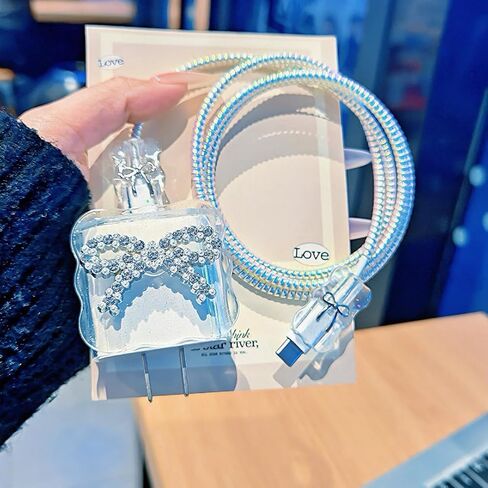 Diamond Charger Cover for iPhone Cord Protector with Glitter Cute Bow Tie Design,Soft Girly Bling Charging iPhone iPad Charger Protector,Kawaii Data Cable Saver for iPhone 18W/20W Charger in Saudi Arabia