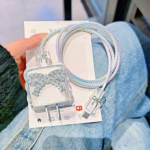 Diamond Charger Cover for iPhone Cord Protector with Glitter Cute Bow Tie Design,Soft Girly Bling Charging iPhone iPad Charger Protector,Kawaii Data Cable Saver for iPhone 18W/20W Charger in Saudi Arabia