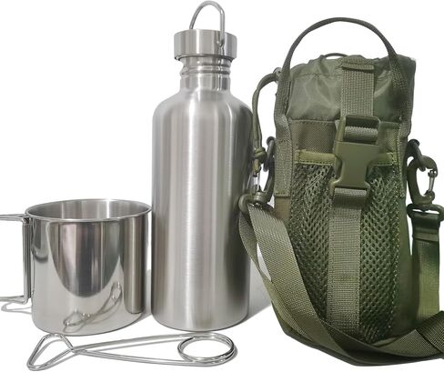 Survivor 3-in-1 Outdoor Canteen - 42oz Single Wall Water Bottle with 24oz Nesting Camping Cup & Carrying Bag | 18/8 Stainless Steel | Wide Mouth Design | Outdoor Survival Bushcraft Gear in Saudi Arabia