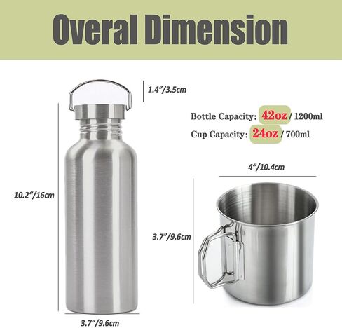 Survivor 3-in-1 Outdoor Canteen - 42oz Single Wall Water Bottle with 24oz Nesting Camping Cup & Carrying Bag | 18/8 Stainless Steel | Wide Mouth Design | Outdoor Survival Bushcraft Gear in Saudi Arabia