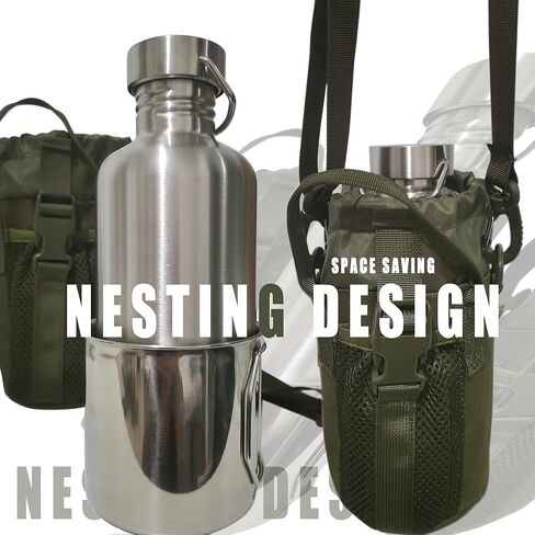 Survivor 3-in-1 Outdoor Canteen - 42oz Single Wall Water Bottle with 24oz Nesting Camping Cup & Carrying Bag | 18/8 Stainless Steel | Wide Mouth Design | Outdoor Survival Bushcraft Gear in Saudi Arabia