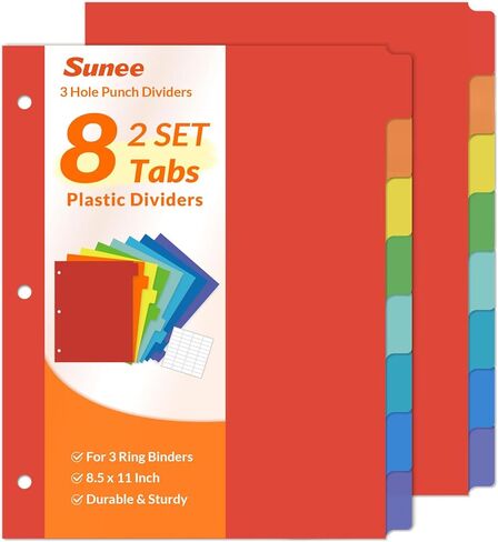 SUNEE 8 Tab Binder Dividers,Plastic Dividers for 3 Ring Binder,3 Ring Binder Dividers with Tabs for School Office Home Supplies,Bright Color, 1 Set in Saudi Arabia