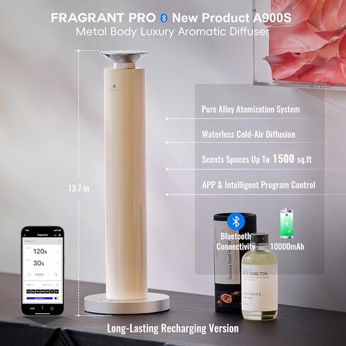 Wireless Rechargeable Hotel Scent Diffuser Starter Kit - Alloy Atomization System,Waterless Oil Diffuser, 1500 Sq Ft Coverage, Including 120ml Essential Oil, for Home, Large Room, Spa, Cream in Saudi Arabia
