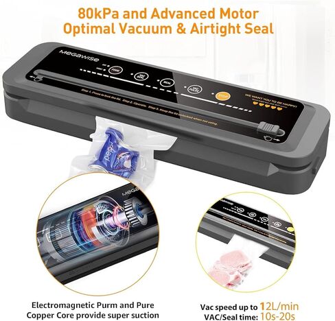 MegaWise Vacuum Sealer Machine | 80kPa Suction Power| Bags and Cutter Included | Compact One-Touch Automatic Food Sealer with External Vacuum System | Dry Moist Fresh Modes for All Saving needs in Saudi Arabia