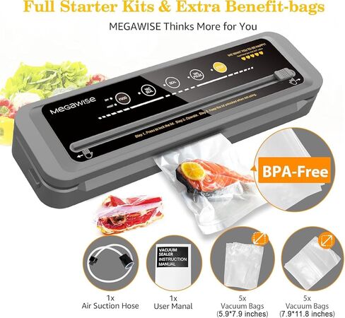 MegaWise Vacuum Sealer Machine | 80kPa Suction Power| Bags and Cutter Included | Compact One-Touch Automatic Food Sealer with External Vacuum System | Dry Moist Fresh Modes for All Saving needs in Saudi Arabia