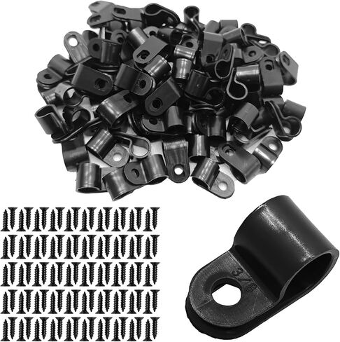 100Pcs R-Type Cable Clips 3/8" Black Nylon Plastic Wire Clamps with Mounting Screws, Cord Fastener Cable Management Organizer for Home Office Electrical Installation in Saudi Arabia