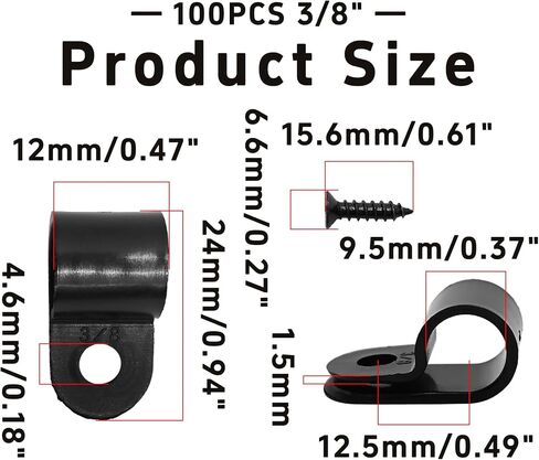 100Pcs R-Type Cable Clips 3/8" Black Nylon Plastic Wire Clamps with Mounting Screws, Cord Fastener Cable Management Organizer for Home Office Electrical Installation in Saudi Arabia