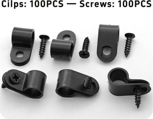 100Pcs R-Type Cable Clips 3/8" Black Nylon Plastic Wire Clamps with Mounting Screws, Cord Fastener Cable Management Organizer for Home Office Electrical Installation in Saudi Arabia