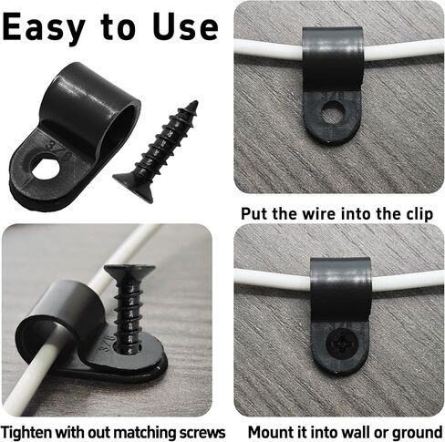 100Pcs R-Type Cable Clips 3/8" Black Nylon Plastic Wire Clamps with Mounting Screws, Cord Fastener Cable Management Organizer for Home Office Electrical Installation in Saudi Arabia