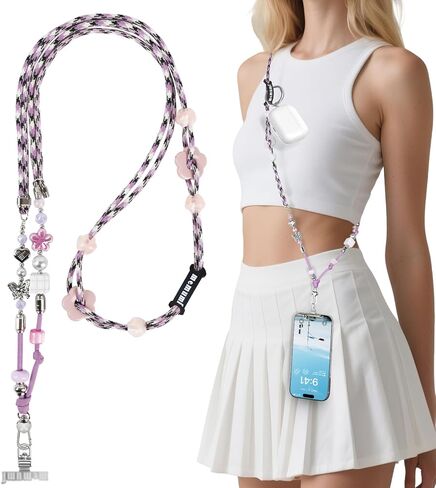 memumi Crystal Phone Lanyard Crossbody, Anti-Theft & Anti-Drop Crystal Beaded Wrist Lanyard, Compatible with iPhone 17 Pro Max and All Smartphones, A Cute Hands-Free Accessory for Women Purple in Saudi Arabia