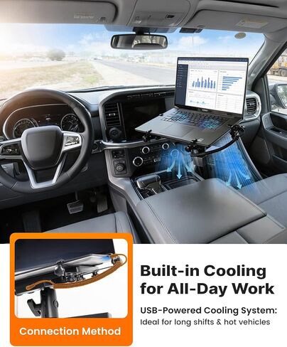 MELIPRON Truck Laptop Mount مناسب لـ Ford F250-F750 1999-2026، Ford Excursion 2000-2005، حامل كمبيوتر محمول خاص بالمركبة بدون حفر مع مروحة تبريد بارتفاع قابل للتعديل للعمل أثناء التنقل in Saudi Arabia