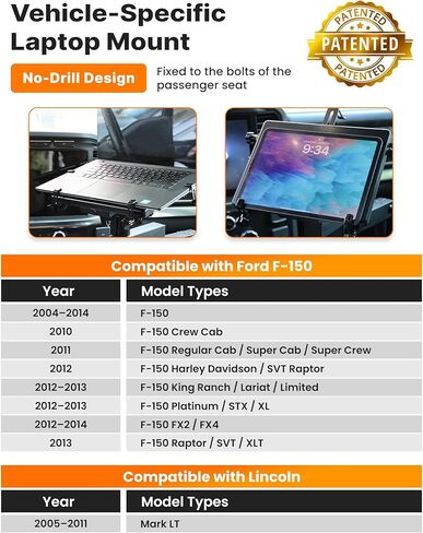 MELIPRON Truck Laptop Mount مناسب لـ Ford F-150 2004-2014، Lincoln Mark LT 2005-2011، حامل كمبيوتر محمول خاص بالمركبة بدون حفر مع مروحة تبريد ارتفاع قابل للتعديل للعمل أثناء التنقل in Saudi Arabia